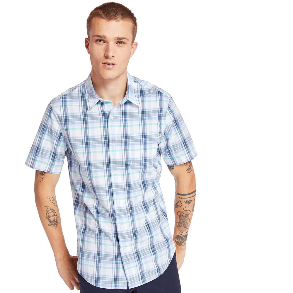 Camasi Timberland Barbati Albastri/Albi - Short-Sleeve Indian River Madras - Romania - KYXDQE371